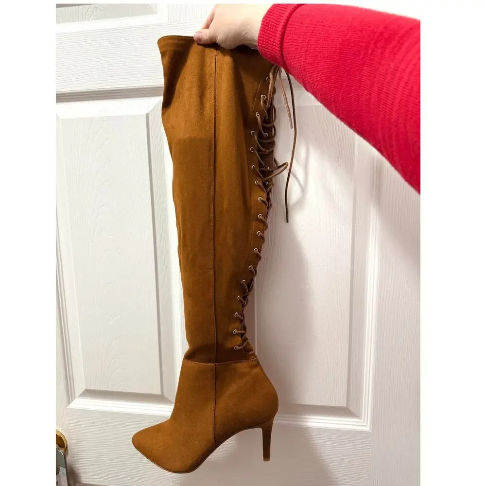 Torrid 10WW Cognac Brown Faux Suede Lace Up Over The Knee Boots Wide Calf‎